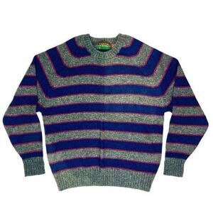 Oakton Limited Wool Sweater Men L Gray Navy Blue Striped Vintage Pullover Jumper